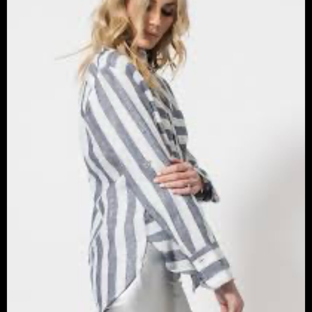 Habitat Women’s Size L Linen Grey & White Striped Long Sleeve Button Down Top